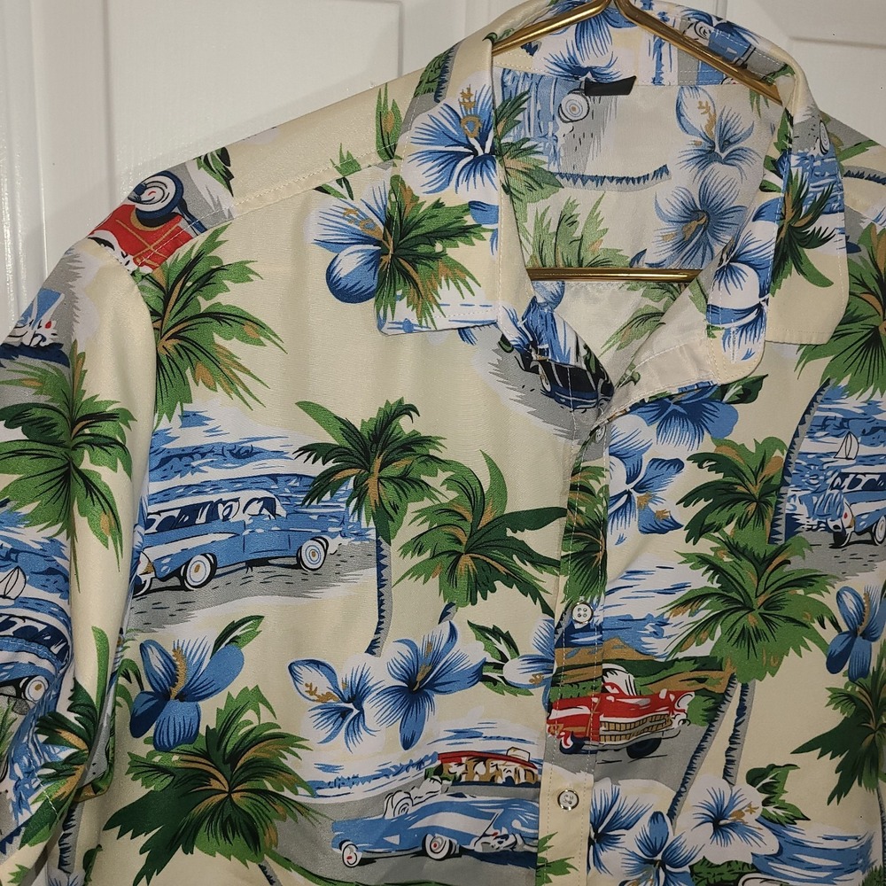 Shein Mens L Hawaiian Shirt 50s Classic Car Palms Print Button Up‎ Short Sleeve